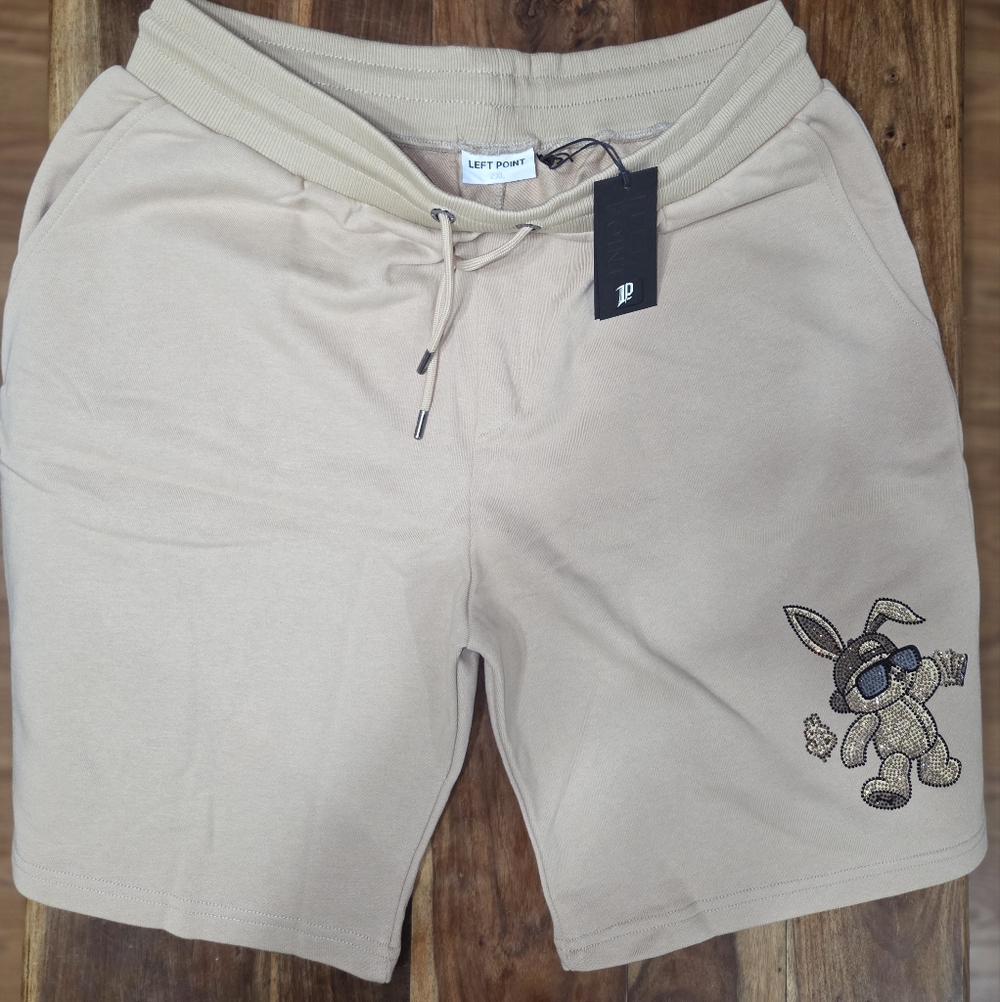 Left Point Beige Shorts with Embroidered Rhinestone Design
